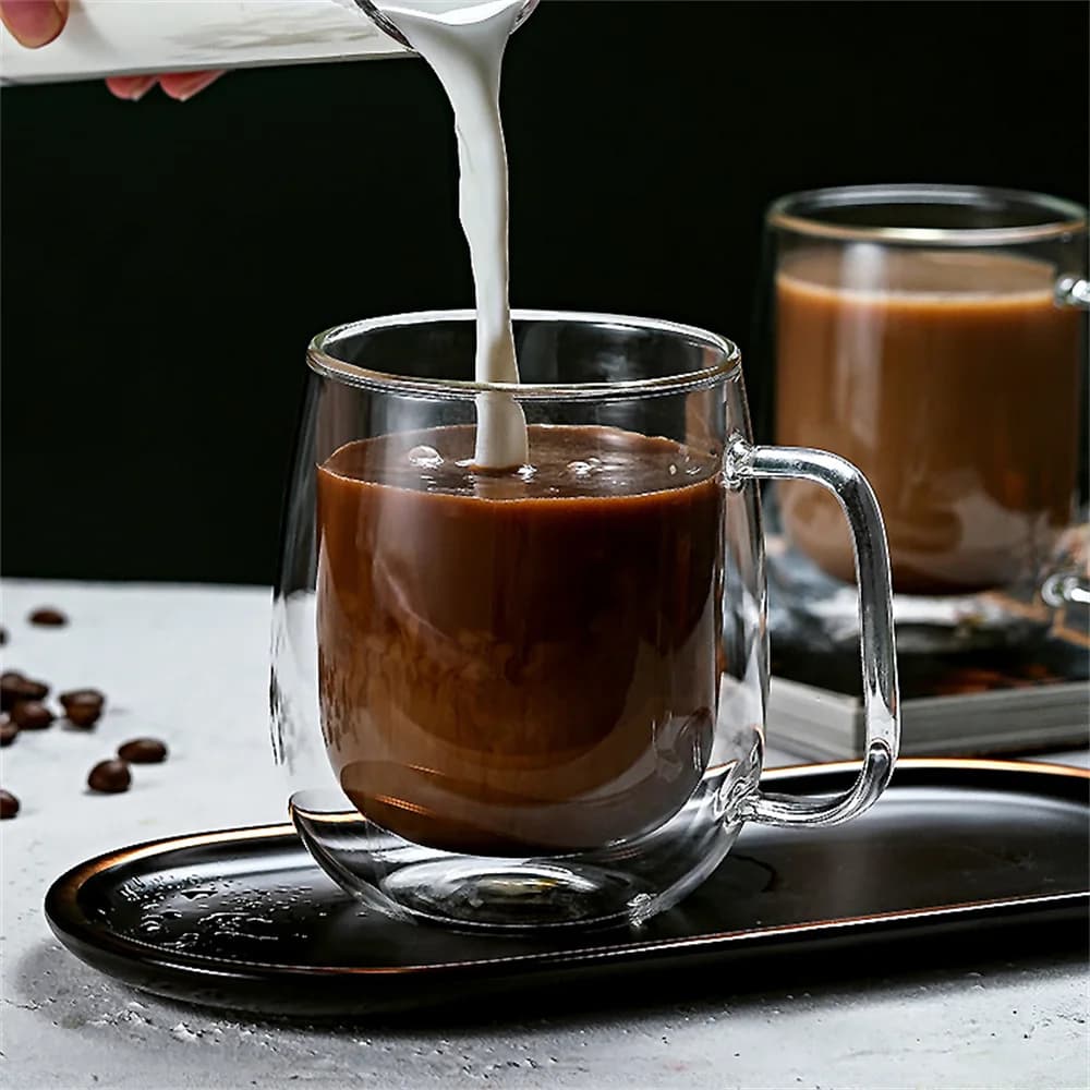 1pc Double Wall Glass Coffee Cup with Handle Insulated Glass Espresso Cups For Cold/Hot Drink Americano/Lattes/Tea/Juice/Milk
