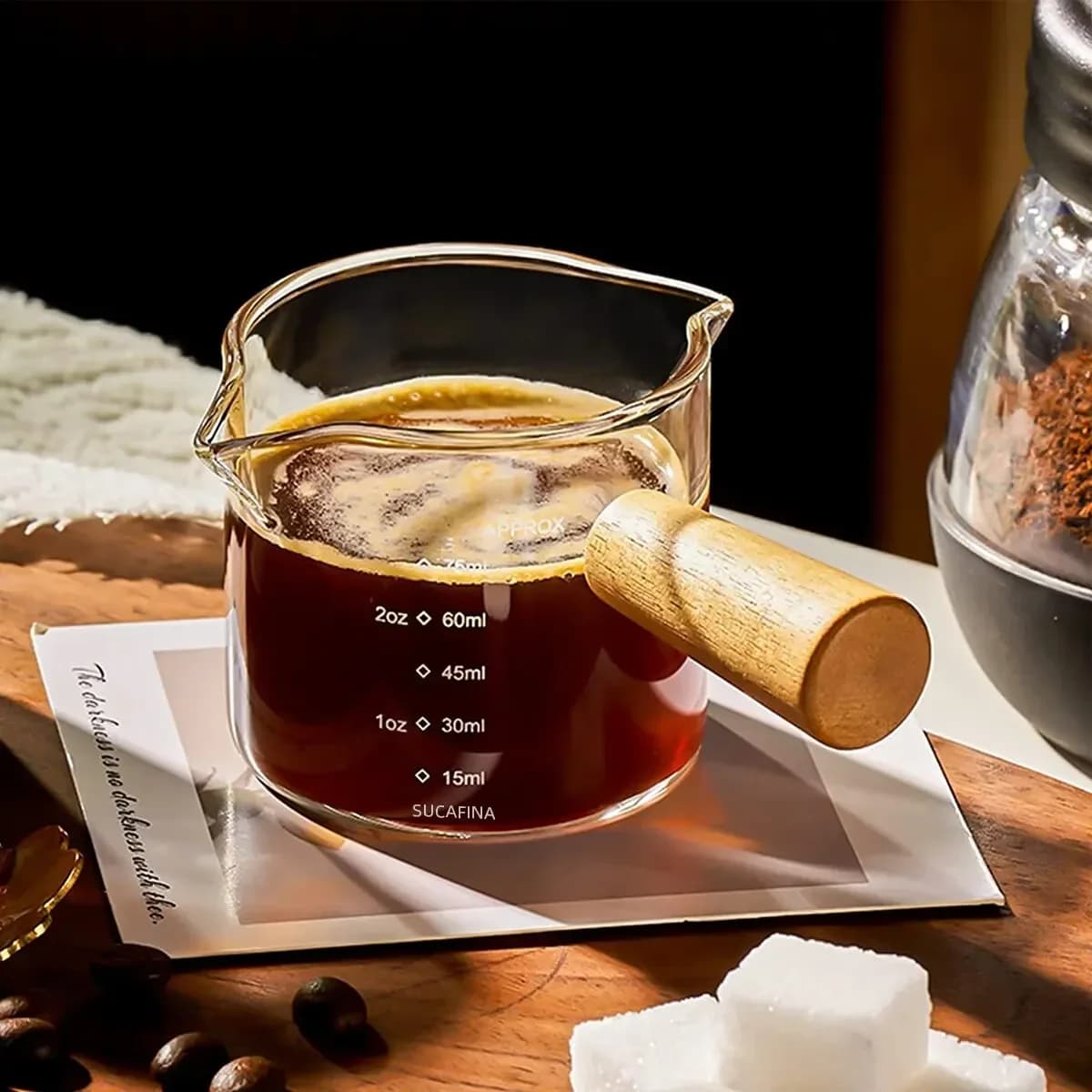 Glass Measuring Cup With Wood Handle 1pc Glass Espresso Measuring Cup Double Single Mouth Milk Coffee Clear Mug Coffee Supplies