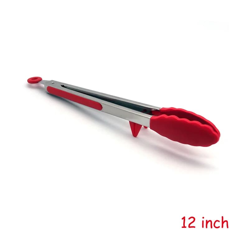 LMETJMA Kitchen Cooking Tongs Heat Resistant Stainless Steel BBQ Tong with Silicone Tips and Stand Design For Salad Grill KC0254