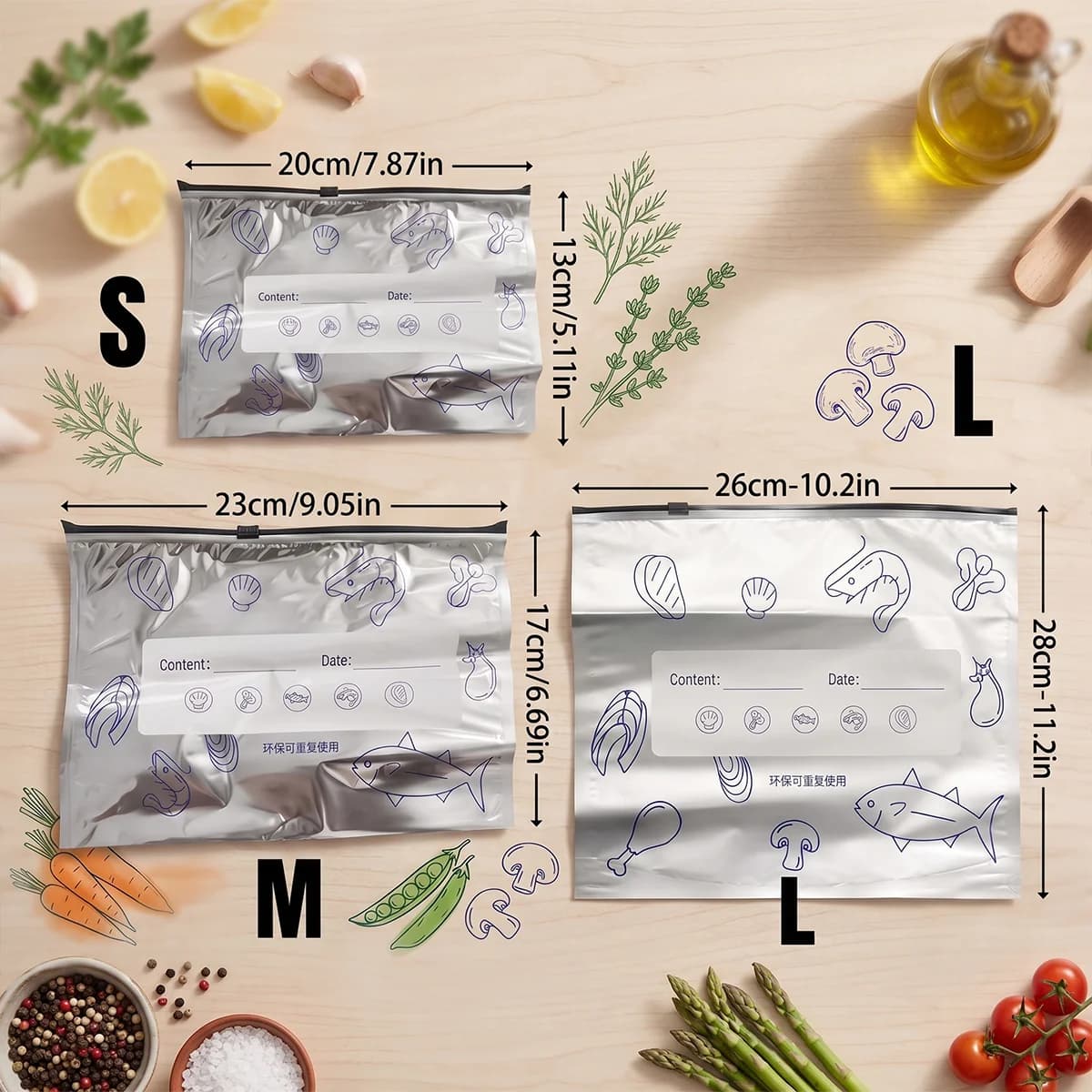 Kitchen Reusable Aluminum Foil Storage Bags Airtight Slider Zip Freezer Bag Leakproof Food Saver Pouch for Meat Meal Vegetables