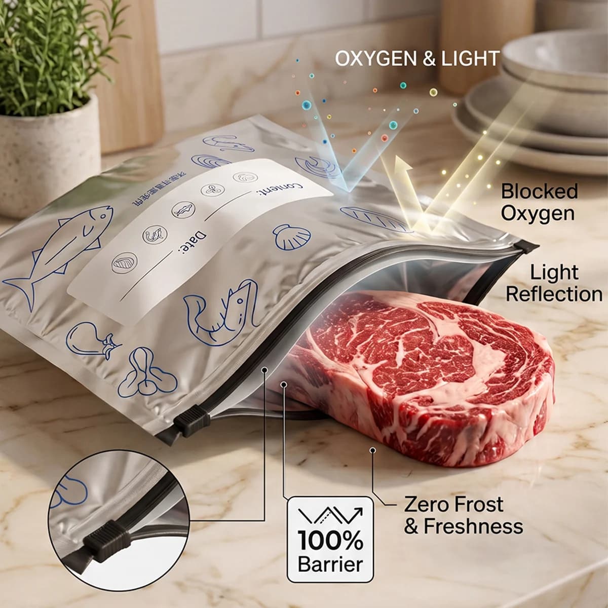 Kitchen Reusable Aluminum Foil Storage Bags Airtight Slider Zip Freezer Bag Leakproof Food Saver Pouch for Meat Meal Vegetables