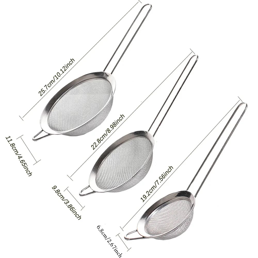 3pcs Fine Mesh Strainers Set Stainless Steel Multipurpose Flour Sieve Sifter With Handle Perfect For Tea Flour Egg Kitchen Tool