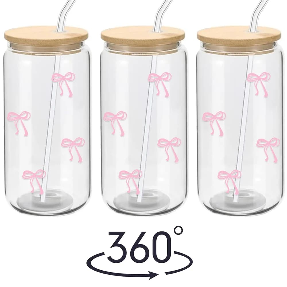 500ml Pink Bow Cute Glass Cups with Lids and Straw Tumbler Glass Cup for Iced Milk Coffee Smoothie Cocktail Matcha Juice Cup