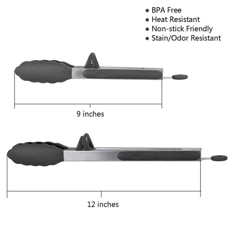 LMETJMA Kitchen Cooking Tongs Heat Resistant Stainless Steel BBQ Tong with Silicone Tips and Stand Design For Salad Grill KC0254