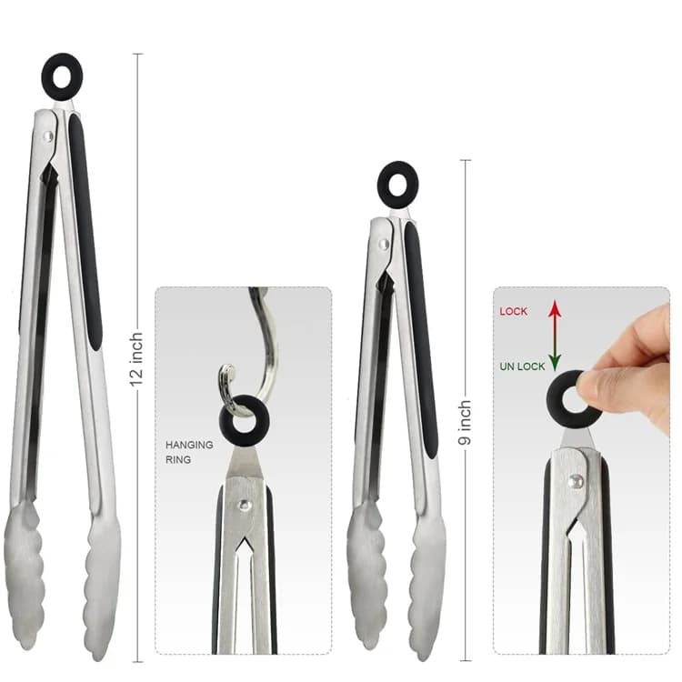 LMETJMA 9'' 12'' 14'' 16'' Kitchen Tongs Stainless Steel Grill Tongs for Cooking BBQ Non-Slip Salad Tongs Clips KC0312