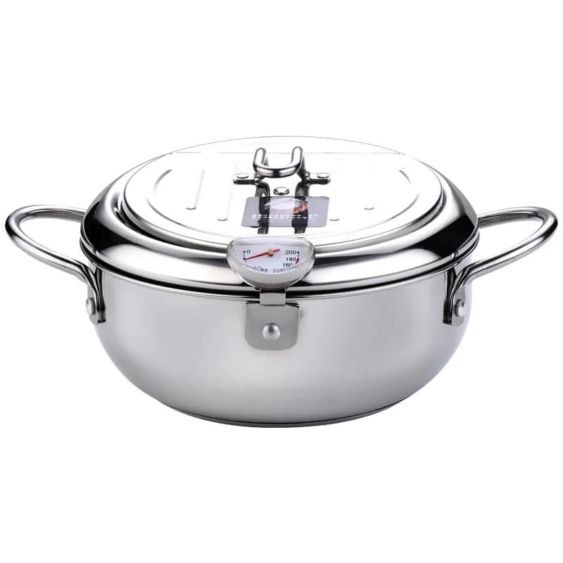 LMETJMA Japanese Deep Frying Pot with a Thermometer and a Lid 304 Stainless Steel Kitchen Tempura Fryer Pan 20 24 cm KC0405