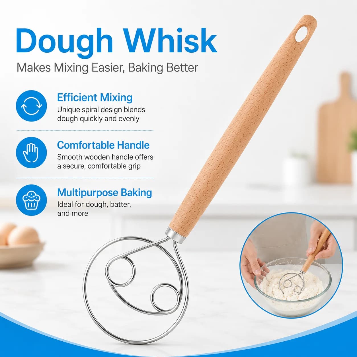 1PC Flour Mixer Handheld Dough Blender Kitchen Baking Tool Manual Whisk For Cake Bread Making Cooking Mixing Batter Quick Easy