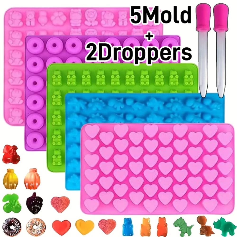 2/5pcs Gummy Bear Candy Mold Kit with 2 Droppers Silicone Non-stick Chocolate Molds DIY Multi-Shape Jelly Fondant Kitchen Tool