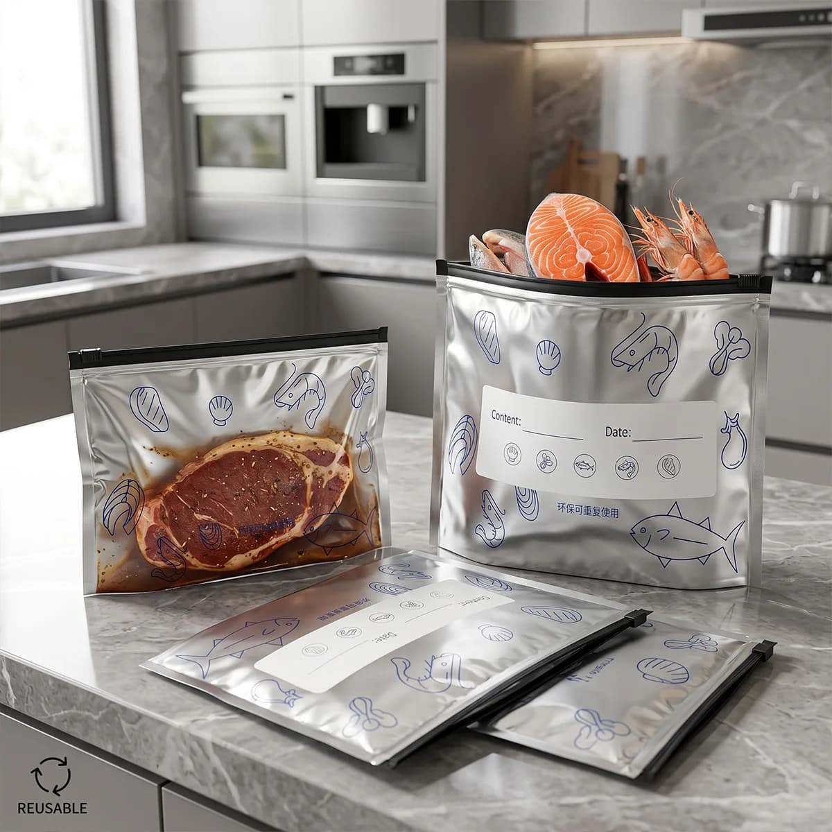 Kitchen Reusable Aluminum Foil Storage Bags Airtight Slider Zip Freezer Bag Leakproof Food Saver Pouch for Meat Meal Vegetables