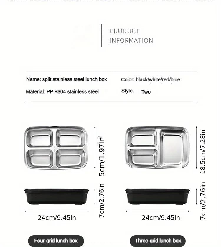 Easy-Clean Bento Container For Students & Office Workers,Leak-Proof Stainless Steel Lunch Box With 3/4 Compartments - Durable