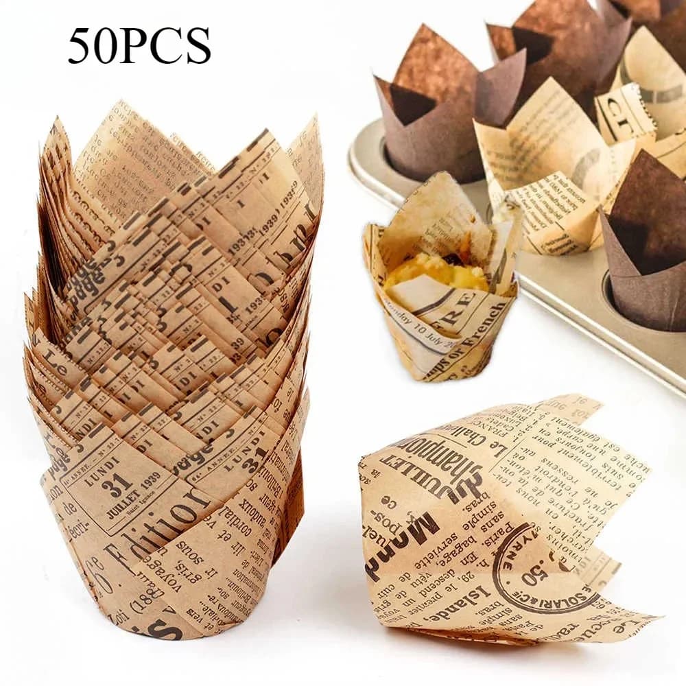 50pcs Newspaper Style Baking Cup Cupcake Liner Cupcake Wrapper Molde Cupcake Paper Cups Bakeware Tool for Wedding Birthday Party