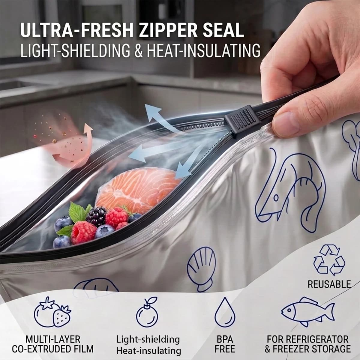 Kitchen Reusable Aluminum Foil Storage Bags Airtight Slider Zip Freezer Bag Leakproof Food Saver Pouch for Meat Meal Vegetables
