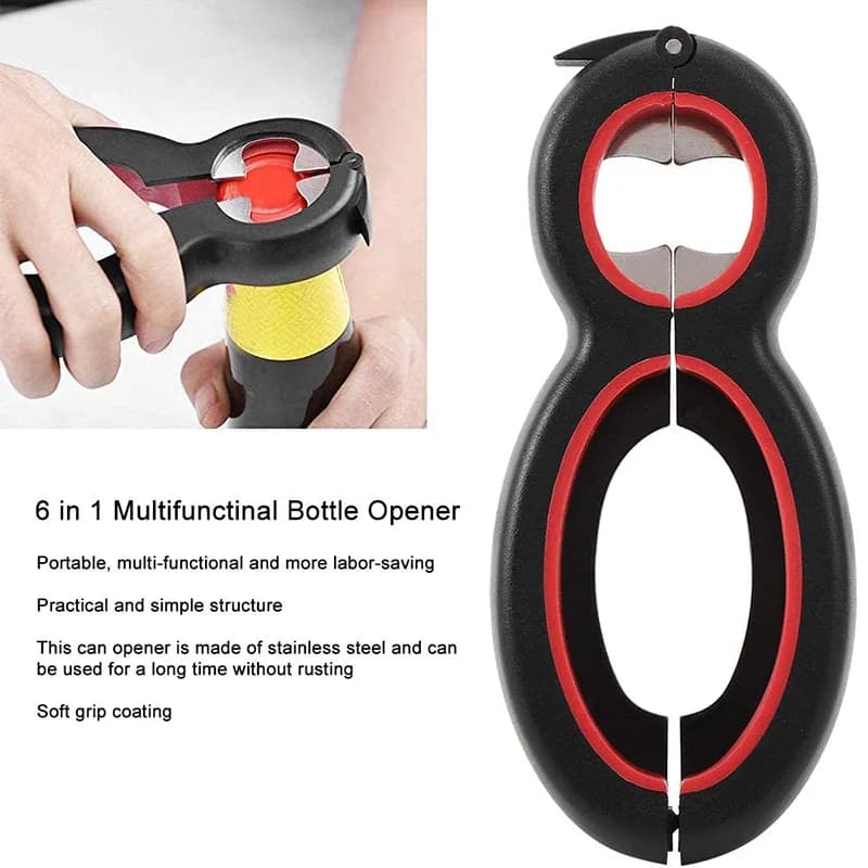 LMETJMA Multifunctional 6 in 1 Can Opener Simple Beer Bottle Opener Jar Gripper Can Beer Lid Twist Off Opener JT05